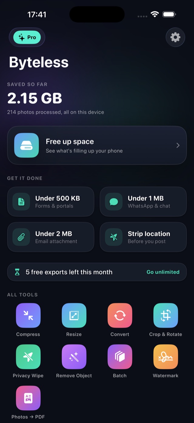 The Byteless home screen showing 2.15 GB saved so far and a Free up space card.
